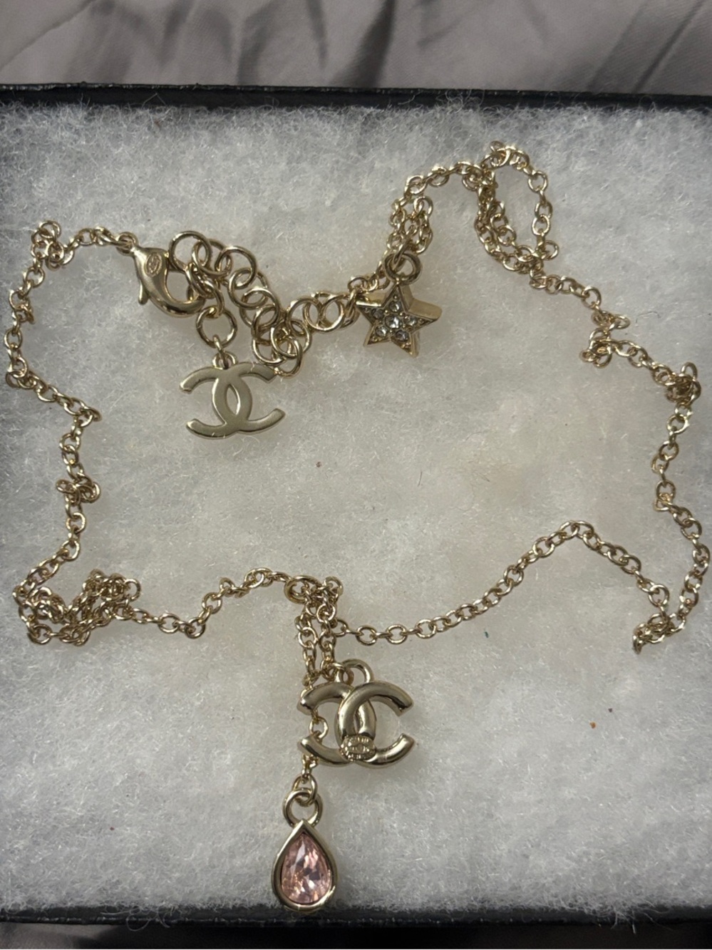 CC Gold-Tone Charm Necklace with Pink Teardrop Pendant